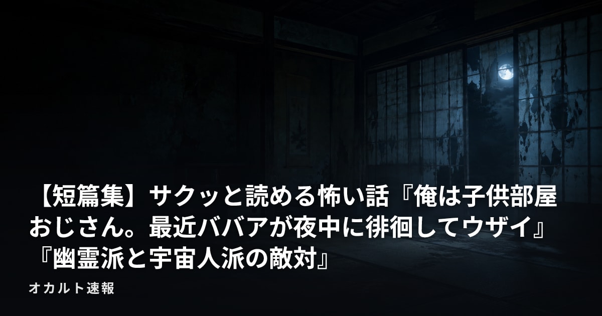 【短篇集】サクッと読める怖い話『俺は子供部屋おじさん。最近ババアが夜中に徘徊してウザイ』『幽霊派と宇宙人派の敵対』