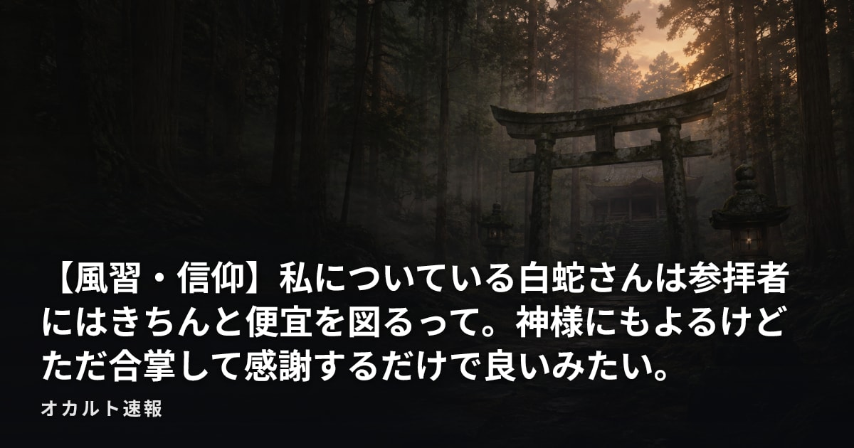 【風習・信仰】私についている白蛇さんは参拝者にはきちんと便宜を図るって。神様にもよるけどただ合掌して感謝するだけで良いみたい。