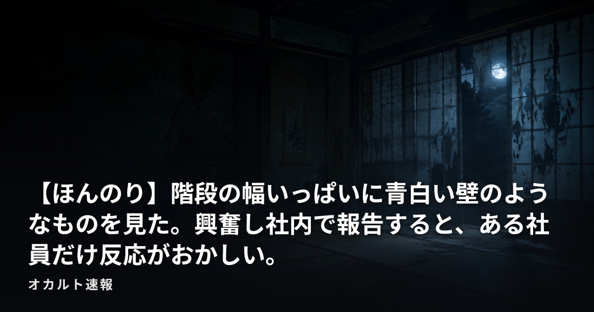 【ほんのり】階段の幅いっぱいに青白い壁のようなものを見た。興奮し社内で報告すると、ある社員だけ反応がおかしい。