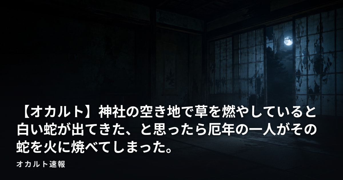 【オカルト】神社の空き地で草を燃やしていると白い蛇が出てきた、と思ったら厄年の一人がその蛇を火に焼べてしまった。